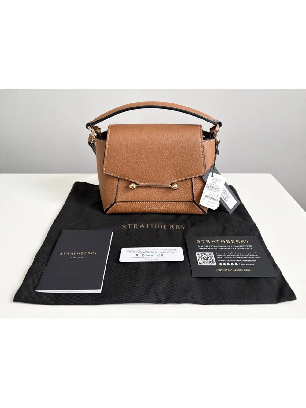 Strathberry Mosaic Nano Tan Brown Leather White Stitch Top Handle Crossbody Bag